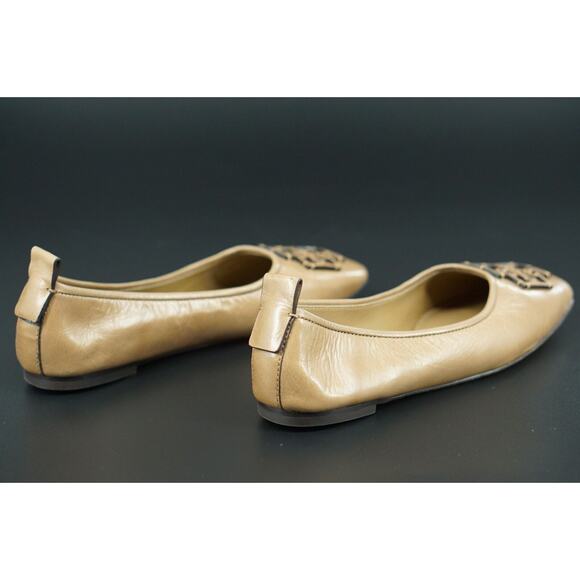 Tory Burch Ines Ballet Flat Leather Size 7.5 Square Toe Logo Tan Almond Rare - Picture 2 of 9